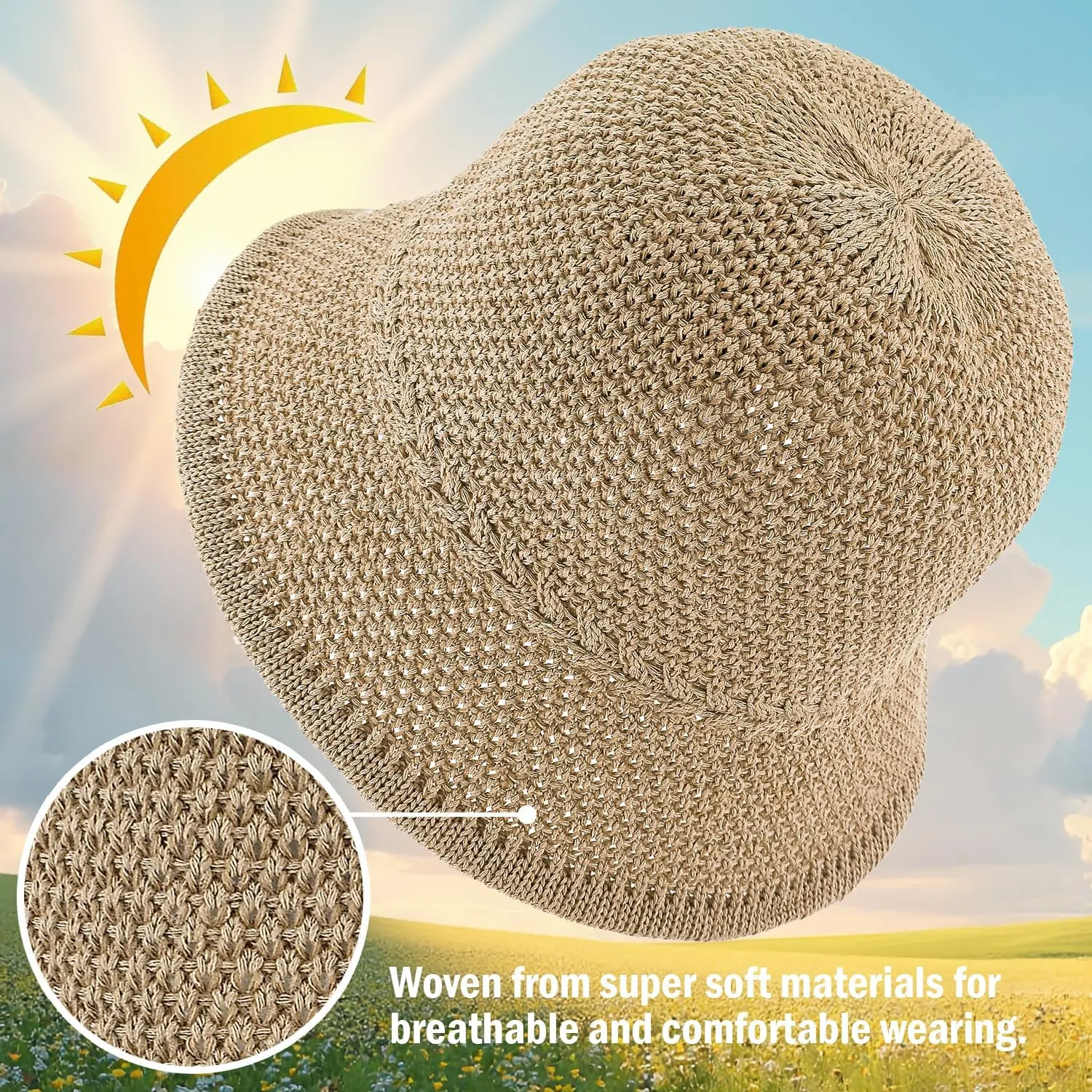 EINSKEY Women's Crochet Bucket Hat - UV Protection Lightweight Packable Faux Straw Sun Hat for Outdoor Beach Travel Hiking