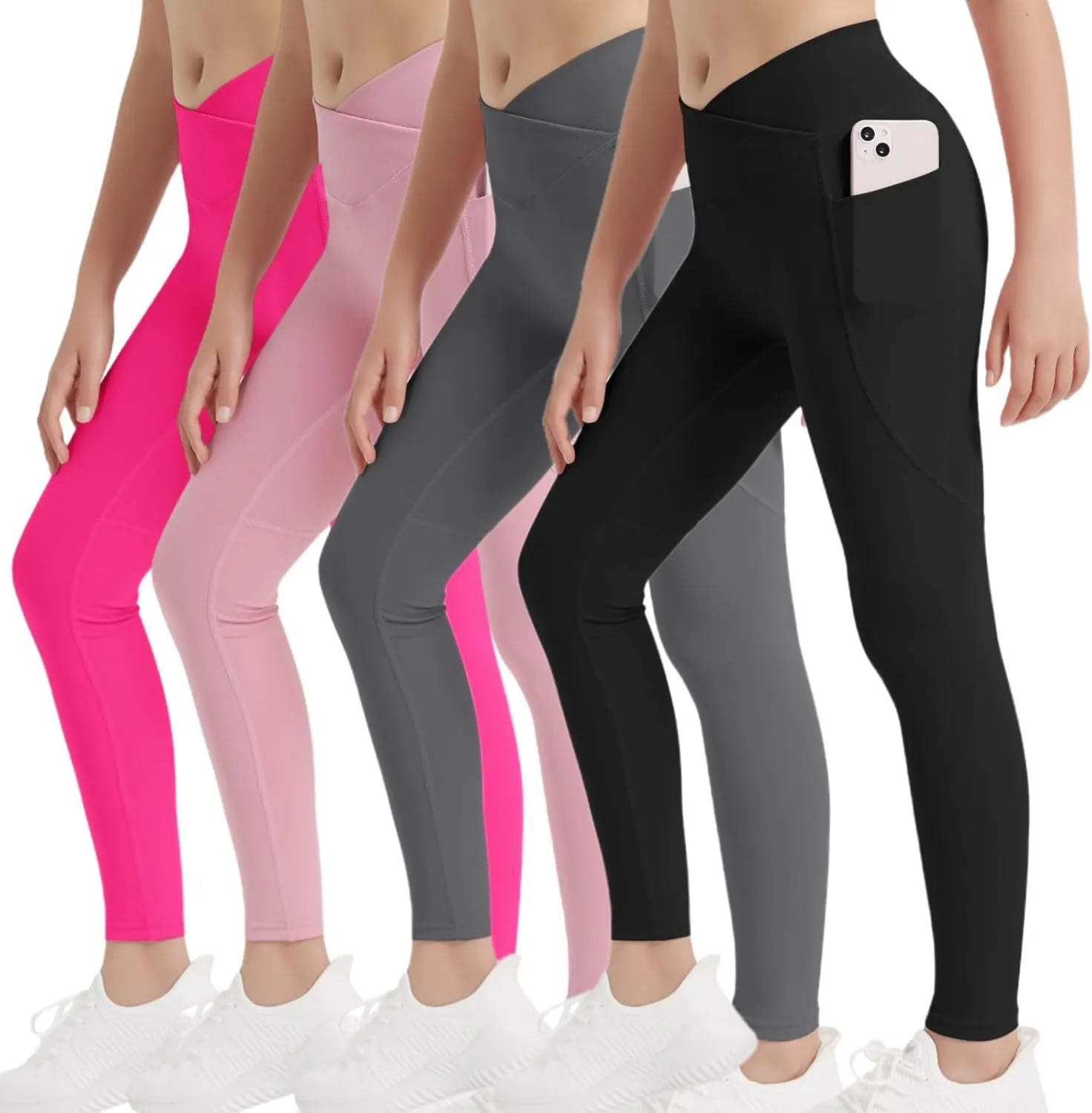 EXARUS 4 Pack Girls Leggings Kids Yoga Pants Crossover V Waist Ankle/Full Length High Waisted for School Casual Dance