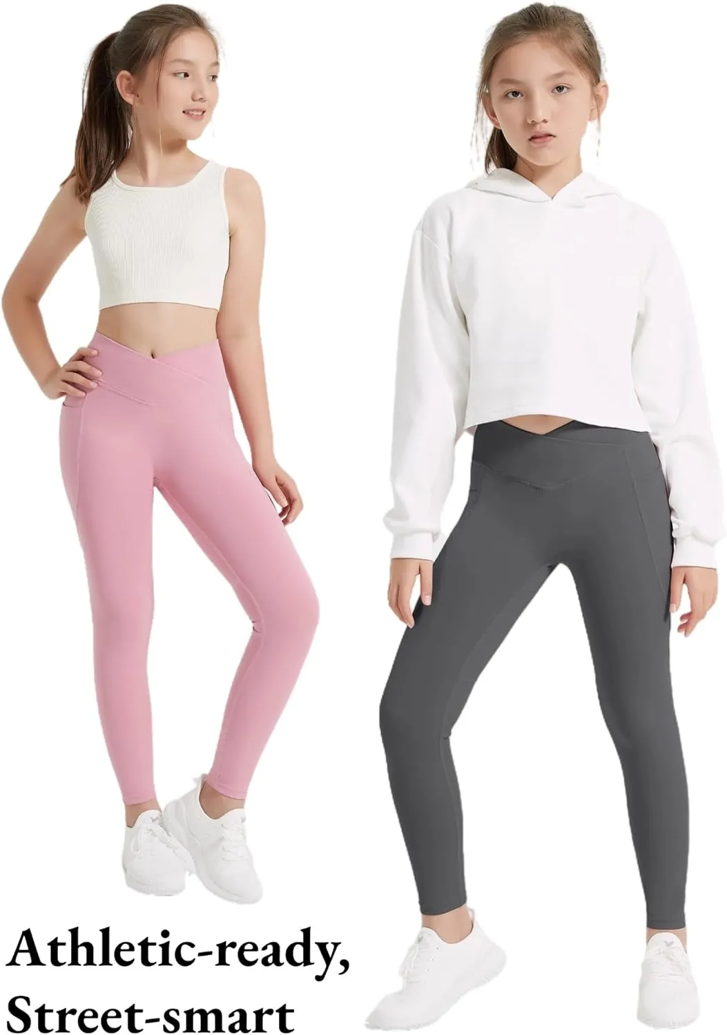 EXARUS 4 Pack Girls Leggings Kids Yoga Pants Crossover V Waist Ankle/Full Length High Waisted for School Casual Dance