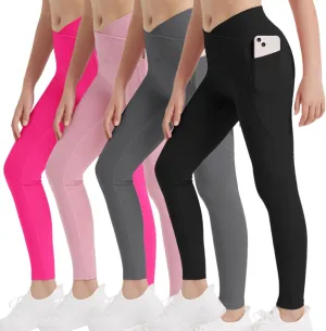 EXARUS 4 Pack Girls Leggings Kids Yoga Pants Crossover V Waist Ankle/Full Length High Waisted for School Casual Dance