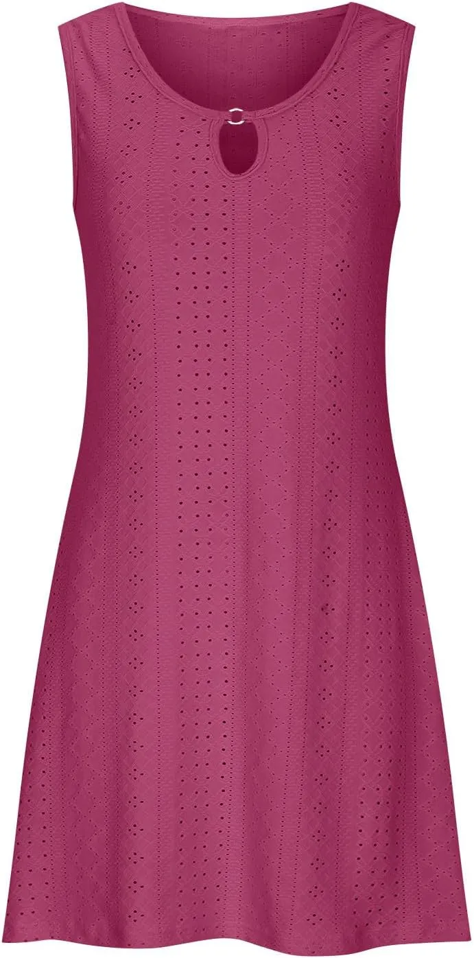 Eyelet Dress for Women, Summer Dresses 2025, Casual Vacation Beach Short Midi Beach Sundresses, Sleeveless Tank Dress