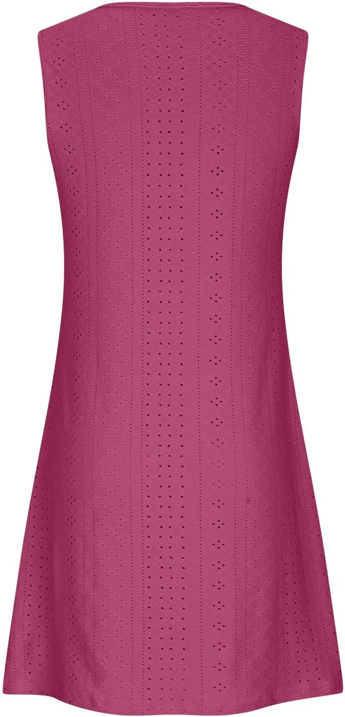 Eyelet Dress for Women, Summer Dresses 2025, Casual Vacation Beach Short Midi Beach Sundresses, Sleeveless Tank Dress