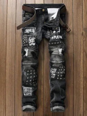 Fit Men's Fashion Jeans Mid Waist Worn Patchwork Rivet Elastic Slim