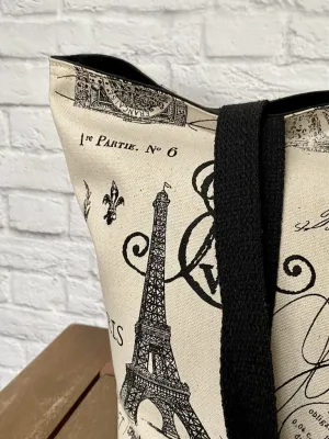 Foldable Travel Tote Grocery Bag Market Shopper Baby Bag Beach Tote Black Natural Paris Print