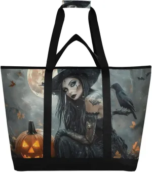 Halloween Witch Cool Crow Large Insulated Reusable Tote Bag for Grocery Shopping for Women Men, Cooler Bag with Zippered Top & Handles for Travel Beach Picnic