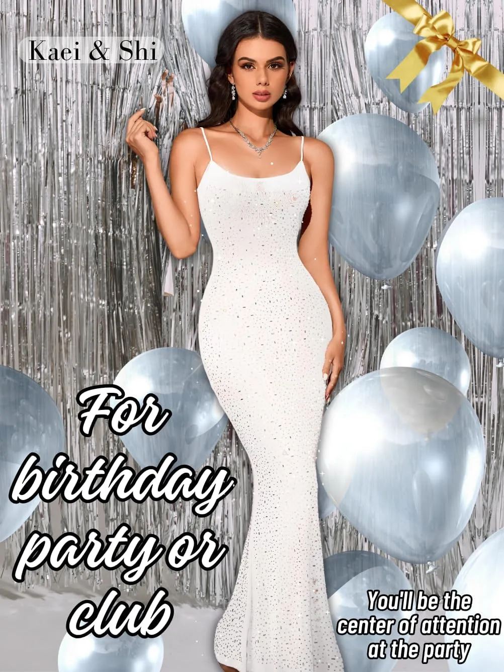 Kaei&Shi Rhinestone Mesh Dress,Glitter Sparkly Embellished Sheer Maxi Dresses,Sexy Birthday Outfit for Women Cocktail Party