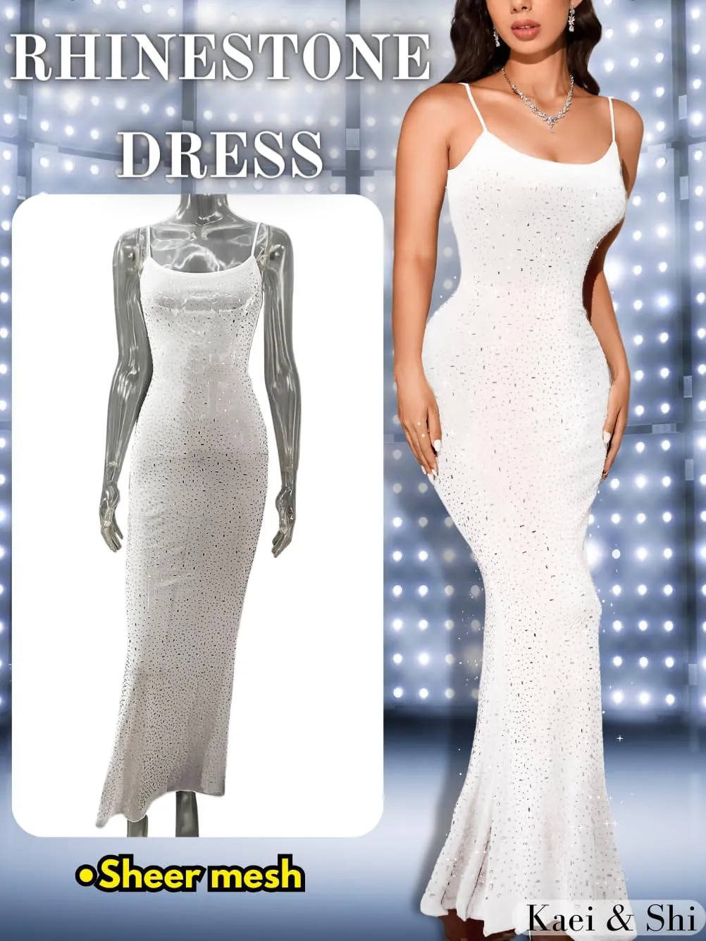 Kaei&Shi Rhinestone Mesh Dress,Glitter Sparkly Embellished Sheer Maxi Dresses,Sexy Birthday Outfit for Women Cocktail Party