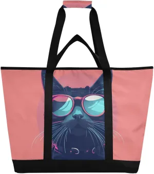 Large Insulated Reusable Tote Bag Cool Black Cat Glasses for Grocery Shopping for Women Men, Cooler Bag with Zippered Top & Handles for Travel Beach Picnic