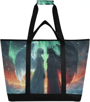 Large Insulated Tote Bag Cool Angel White Black for Grocery Shopping Reusable Tote Bags for Women Men, Cooler Bag with Zippered Top & Handles for Beach Picnic Travel