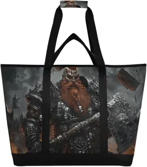 Large Insulated Tote Bag Cool Warrior Black for Grocery Shopping Reusable Tote Bags for Women Men, Cooler Bag with Zippered Top & Handles for Beach Picnic Travel