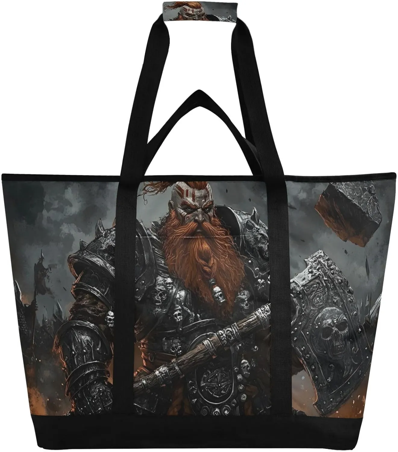 Large Insulated Tote Bag Cool Warrior Black for Grocery Shopping Reusable Tote Bags for Women Men, Cooler Bag with Zippered Top & Handles for Beach Picnic Travel