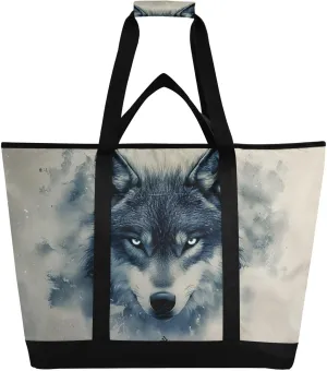 Large Insulated Tote Bag Cool Wolf Head for Grocery Shopping Reusable Tote Bags for Women Men, Cooler Bag with Zippered Top & Handles for Beach Picnic Travel