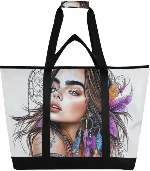 Large Insulated Tote Bag Cool Woman Dreamcatcher for Grocery Shopping Reusable Tote Bags for Women Men, Cooler Bag with Zippered Top & Handles for Beach Picnic Travel