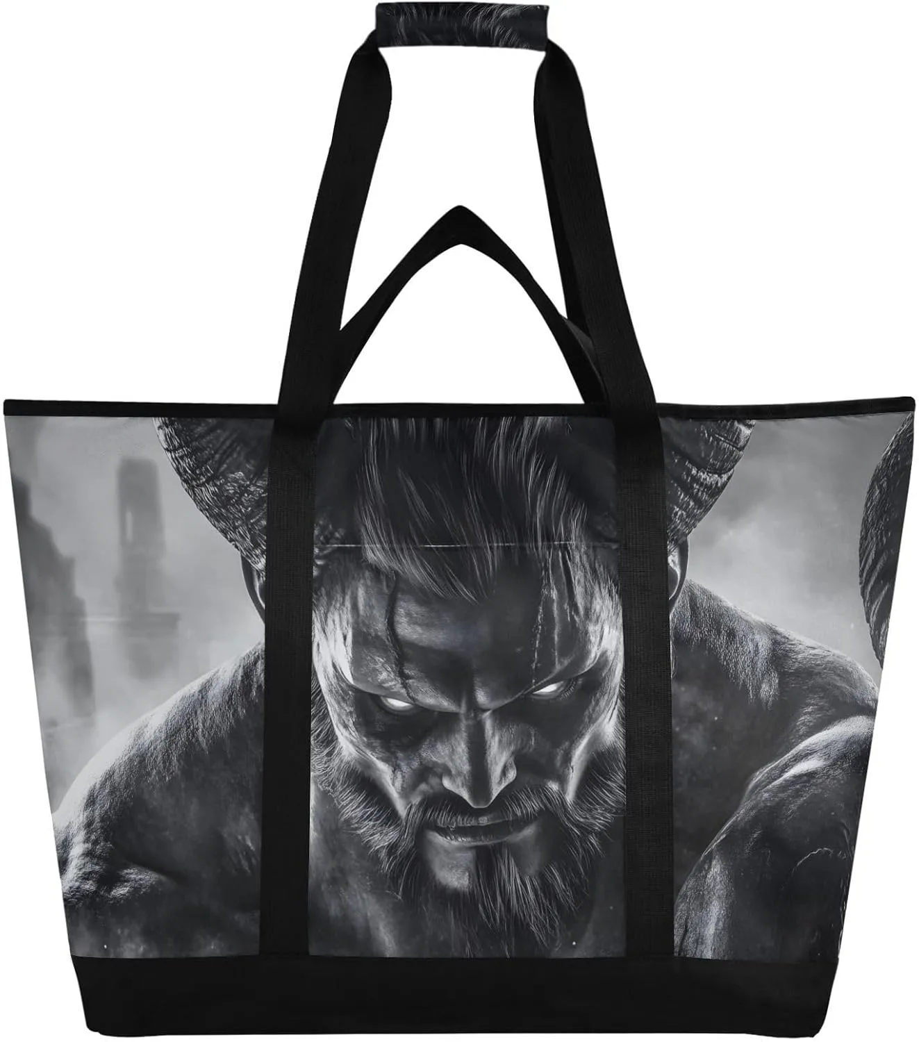 Large Insulated Tote Bag Demon Cool Black for Grocery Shopping Reusable Tote Bags for Women Men, Cooler Bag with Zippered Top & Handles for Beach Picnic Travel