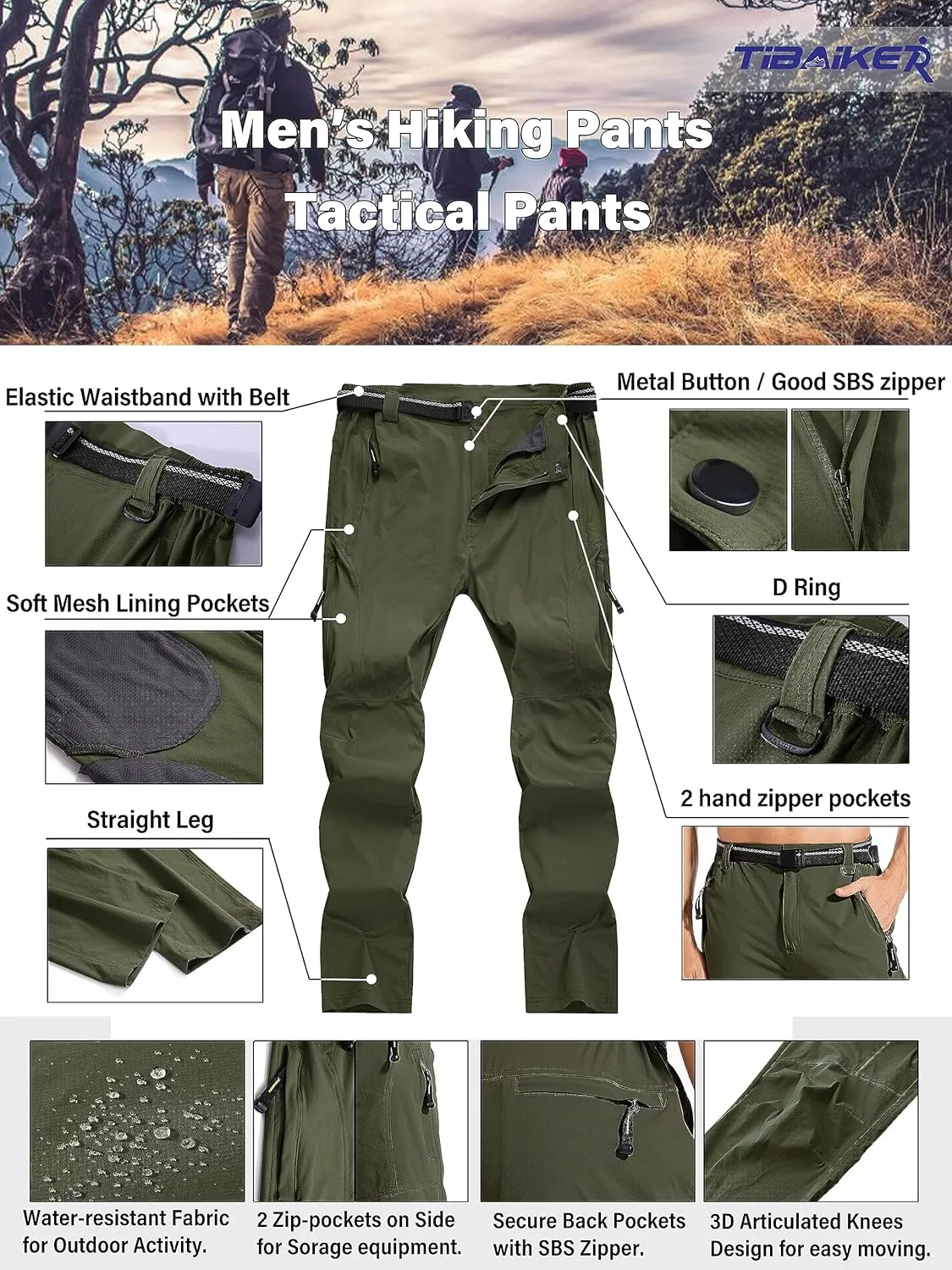 Men's Hiking Pants Quick Dry Cargo Work Lightweight Tactical Pants Stretch Waterproof Outdoor Fishing Travel Safari Pants