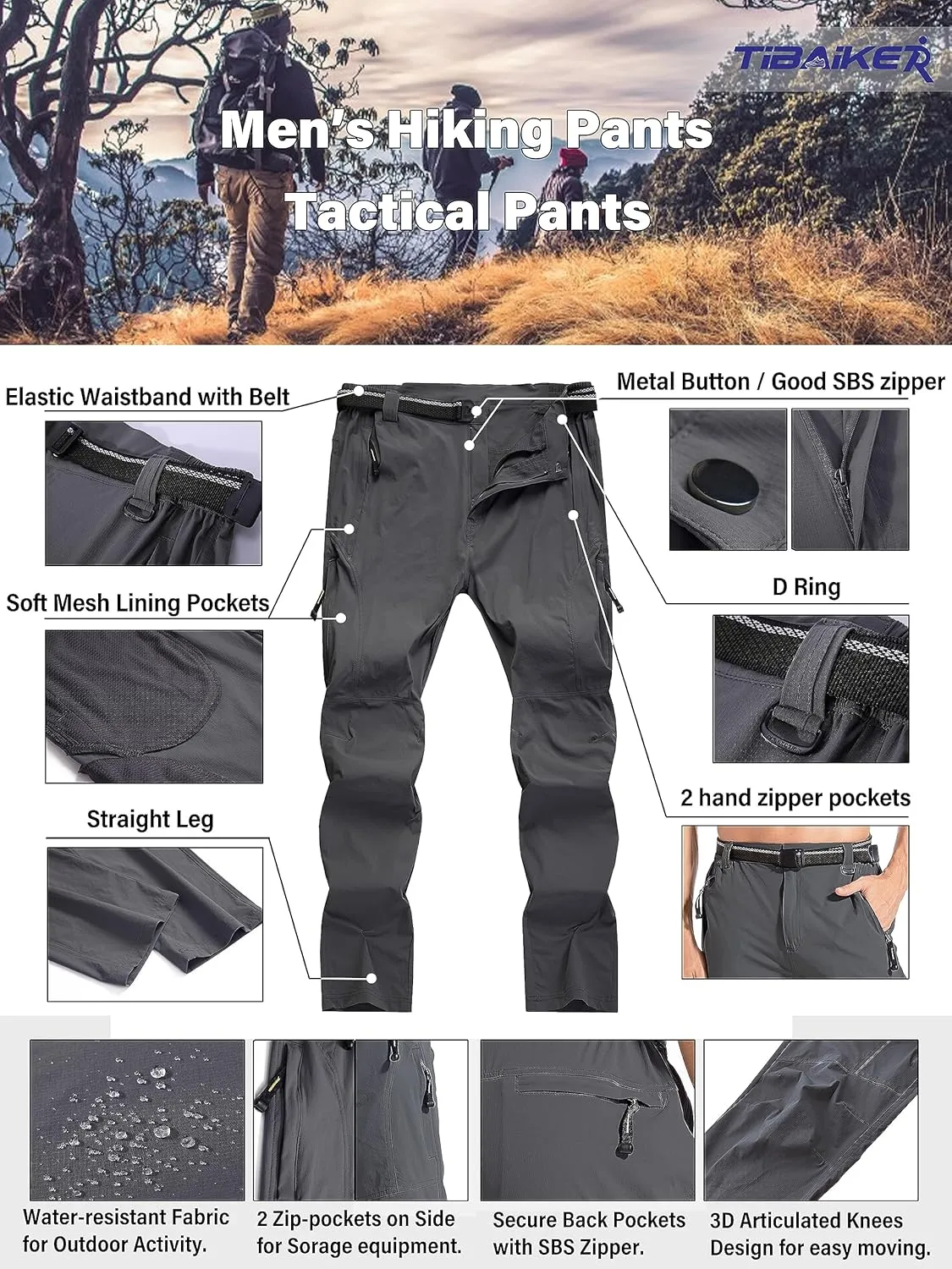 Men's Hiking Pants Quick Dry Cargo Work Lightweight Tactical Pants Stretch Waterproof Outdoor Fishing Travel Safari Pants