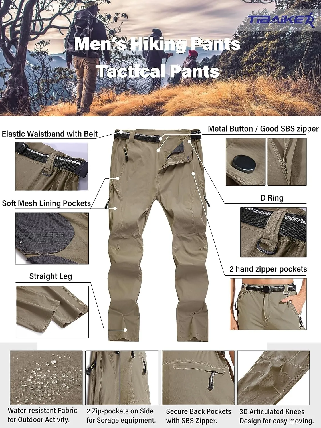 Men's Hiking Pants Quick Dry Cargo Work Lightweight Tactical Pants Stretch Waterproof Outdoor Fishing Travel Safari Pants