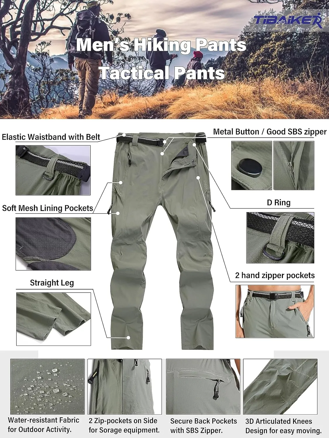 Men's Hiking Pants Quick Dry Cargo Work Lightweight Tactical Pants Stretch Waterproof Outdoor Fishing Travel Safari Pants