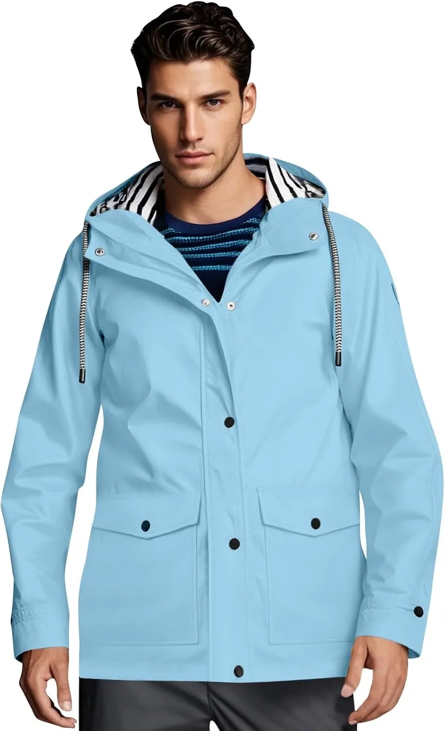 Mens Rain Jacket Drawstring Light Waterproof Rain Coat Ponchos Sun Protective Outdoor Jacket with Hooded