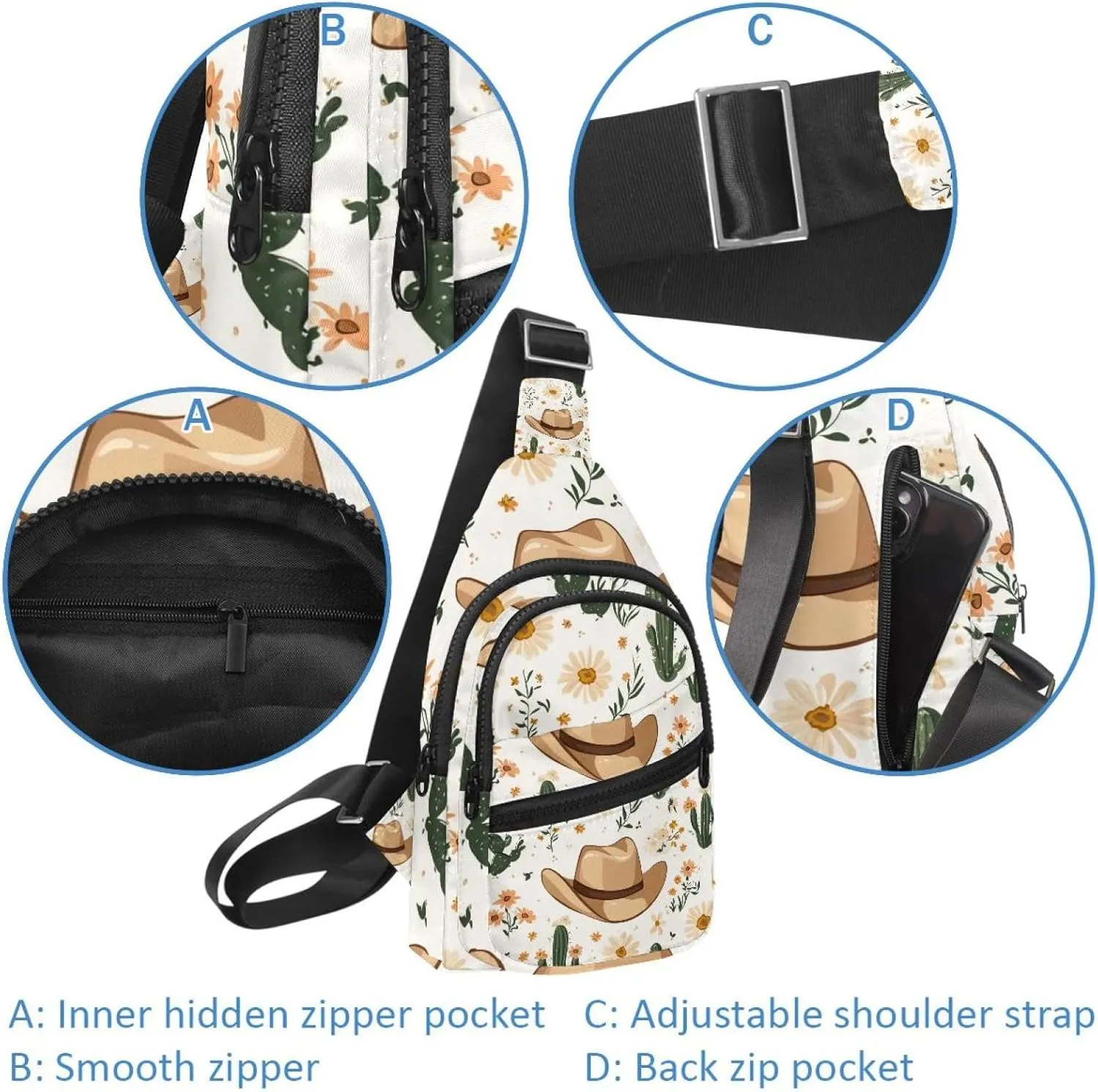 Men's Sling Backpack, Cowboy Hat Cactuses Western