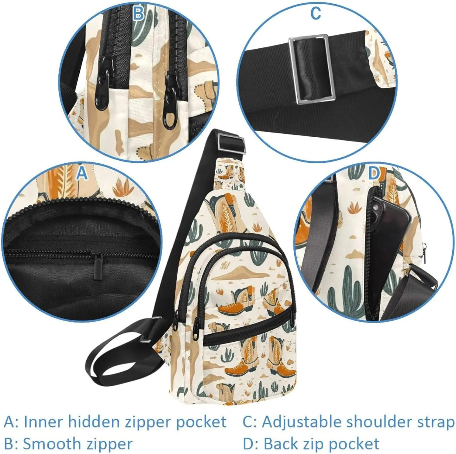 Men's Sling Backpack, Western Cowboy Hat Cactuses