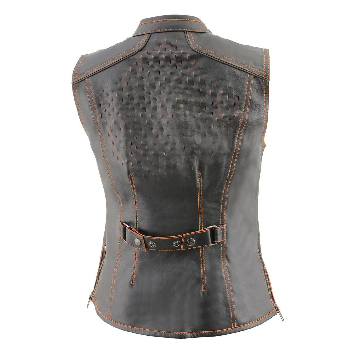 Milwaukee Leather MLL4507 Women's Black Leather Orange Accented Laser Cut Vented Scuba Style Motorcycle Rider Vest