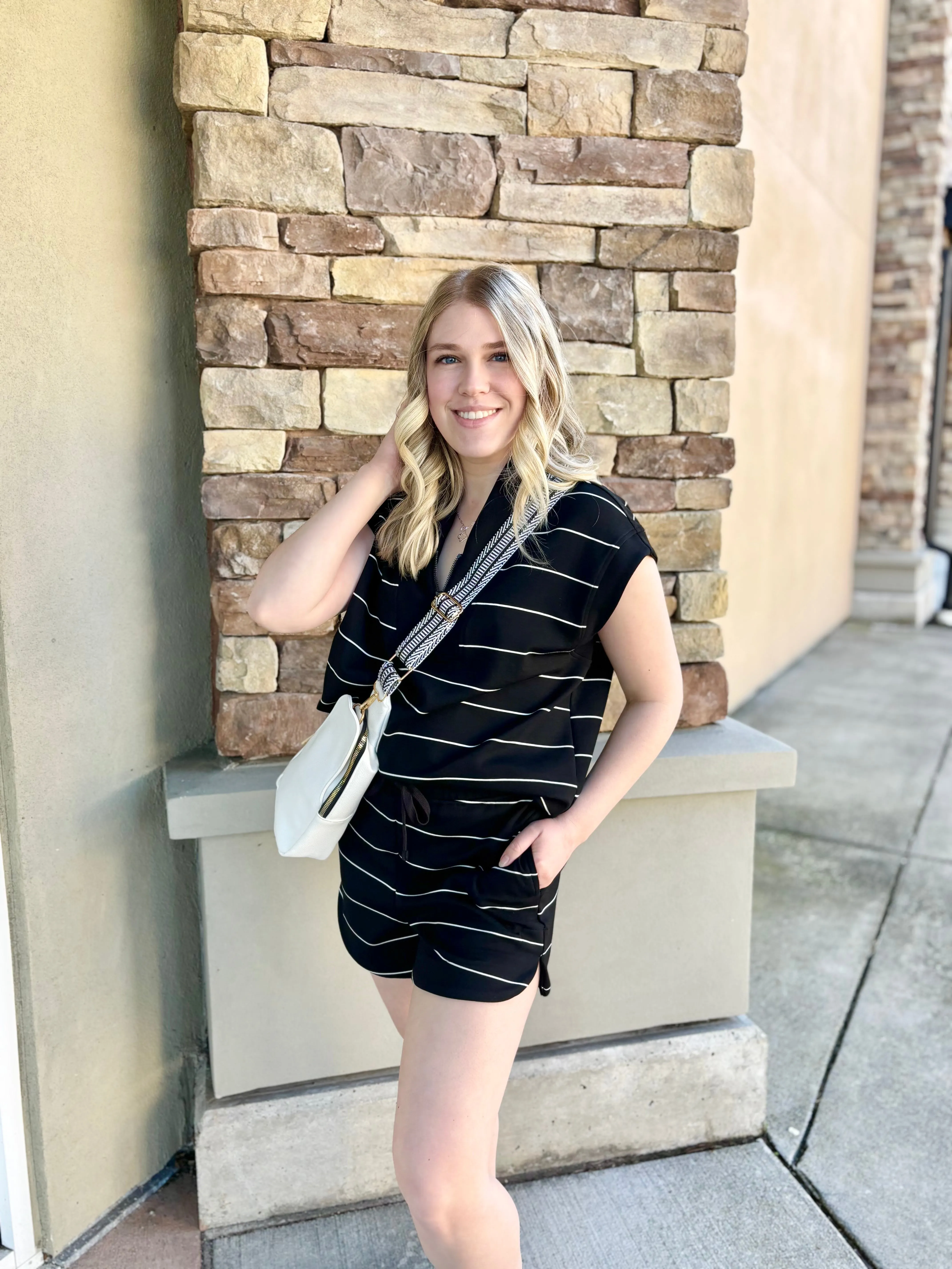 Modal Black Cream Stripe Shorts
