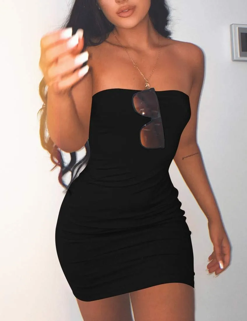 Mokoru Women's Casual Basic Bodycon Tube Top Sexy Strapless Club Party Mini Dress