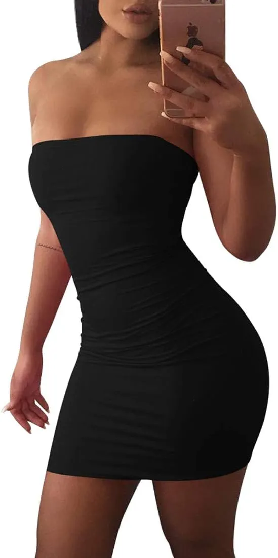 Mokoru Women's Casual Basic Bodycon Tube Top Sexy Strapless Club Party Mini Dress