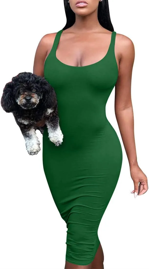 Mokoru Women's Casual Basic Pencil Tank Dress Sexy Sleeveless Bodycon Midi Club Dress