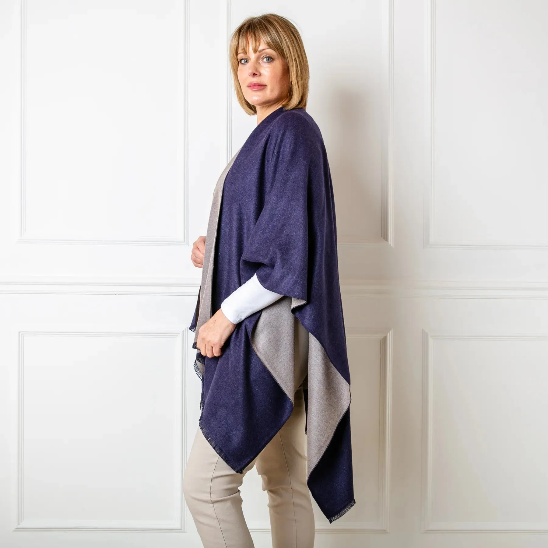 Navy & Grey Tess Reversible Poncho Wrap by Tilley & Grace