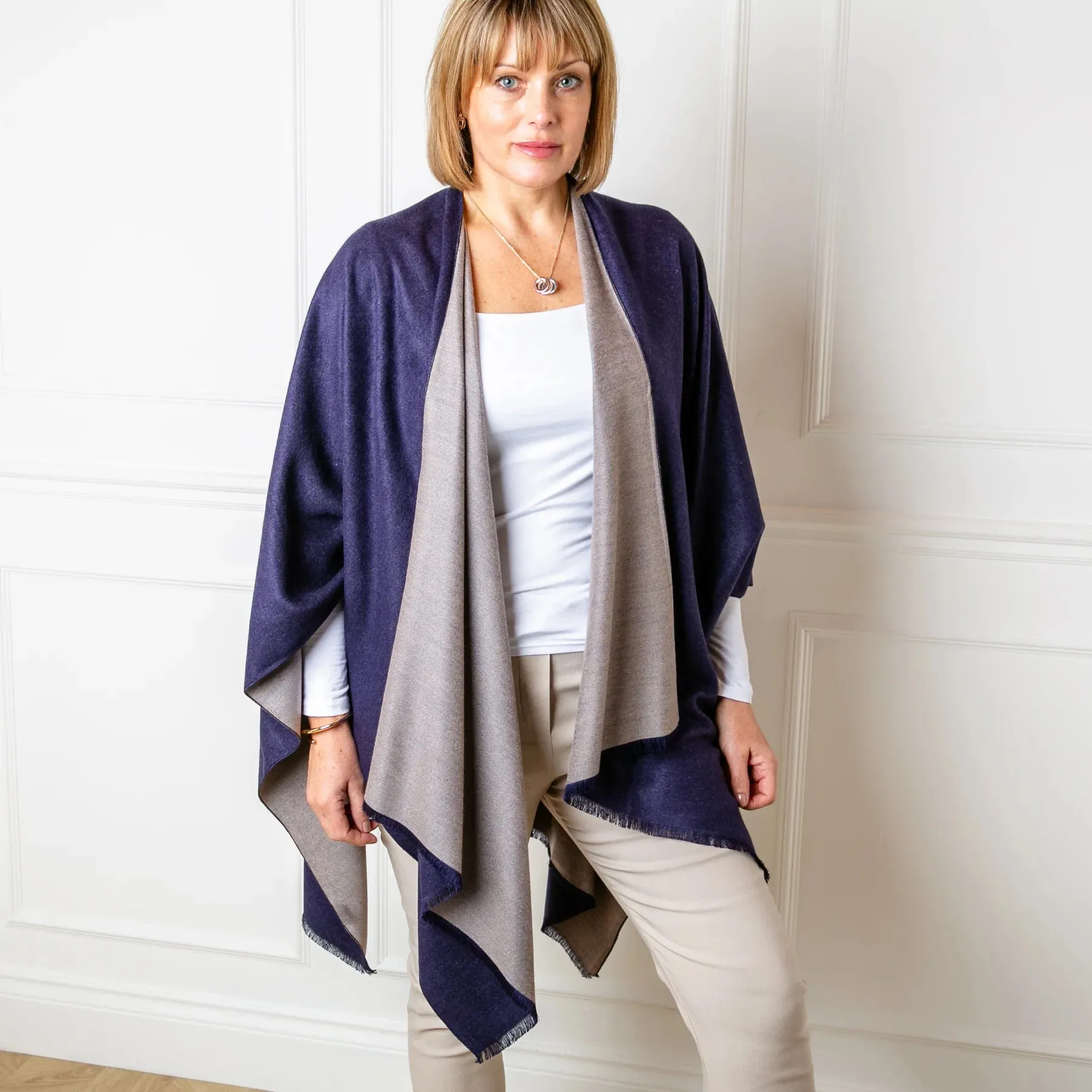 Navy & Grey Tess Reversible Poncho Wrap by Tilley & Grace