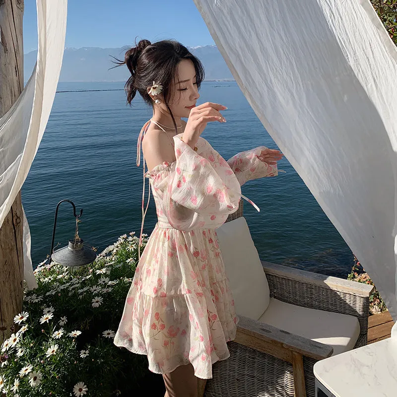Pink Off-shoulder Long Puff Sleeve Square Neck Floral Chiffon Dress 809