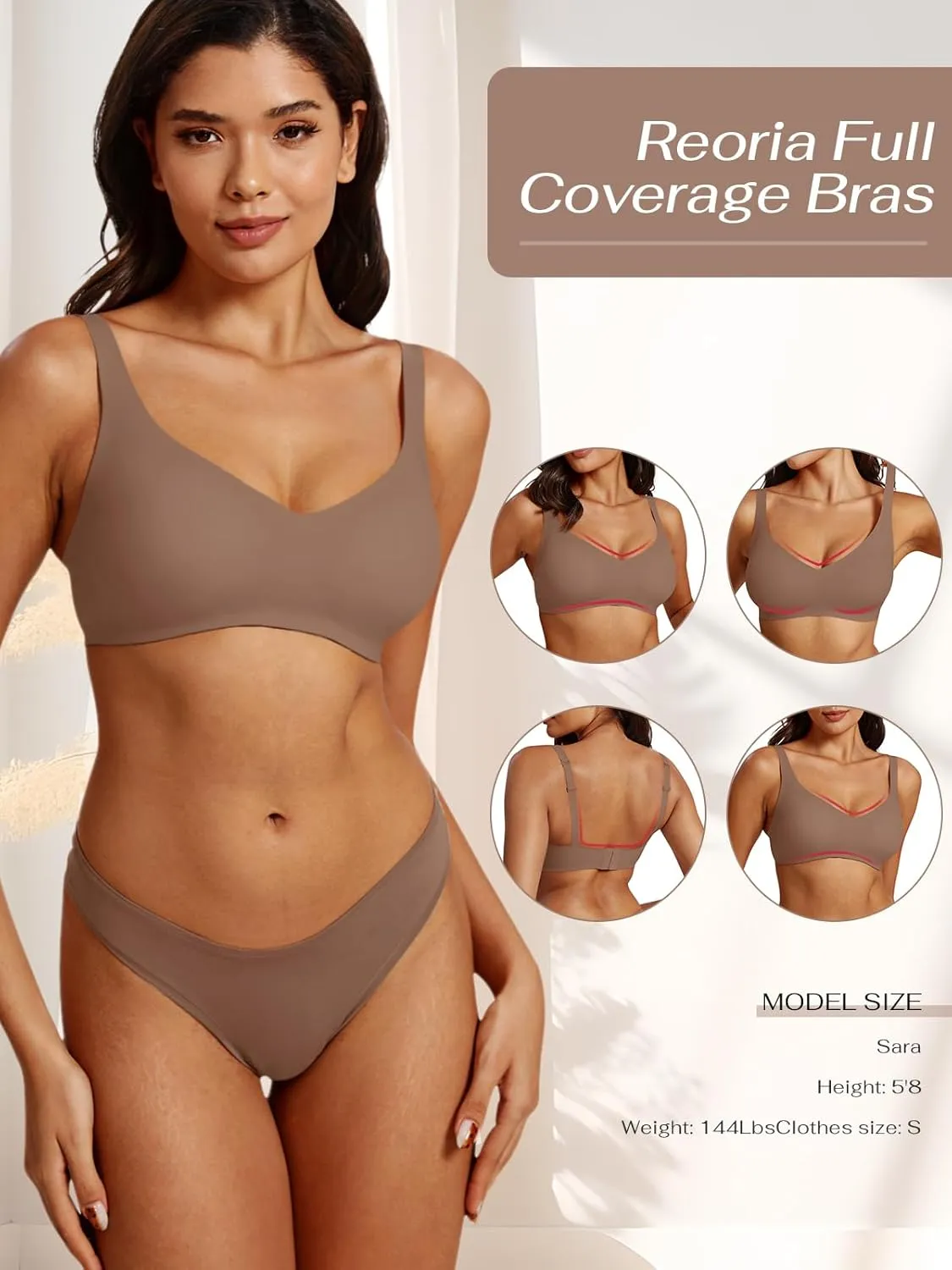 REORIA Womens Lounge Comfortable Adjustable Everyday Bra Seamless Full-Coverage Padded Wirefree Bras for Women