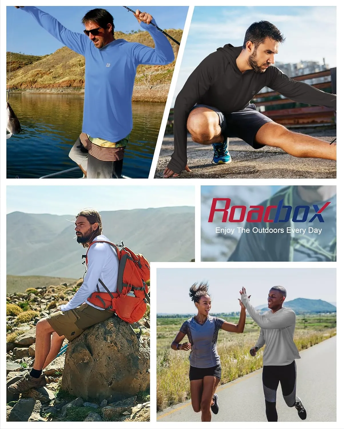 Roadbox UPF 50  Fishing Shirts for Men, Long Sleeve UV Protection Sun Hoodie, Swim Rash Guard for Hiking Running Workout