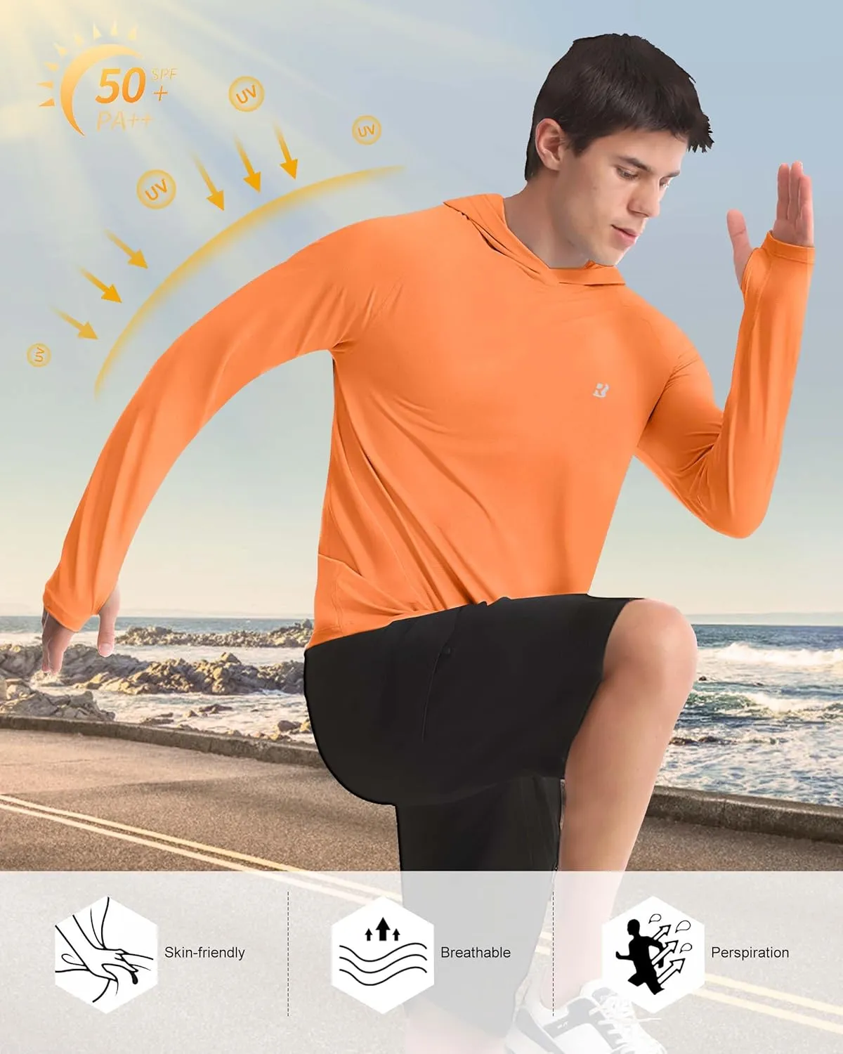 Roadbox UPF 50  Fishing Shirts for Men, Long Sleeve UV Protection Sun Hoodie, Swim Rash Guard for Hiking Running Workout