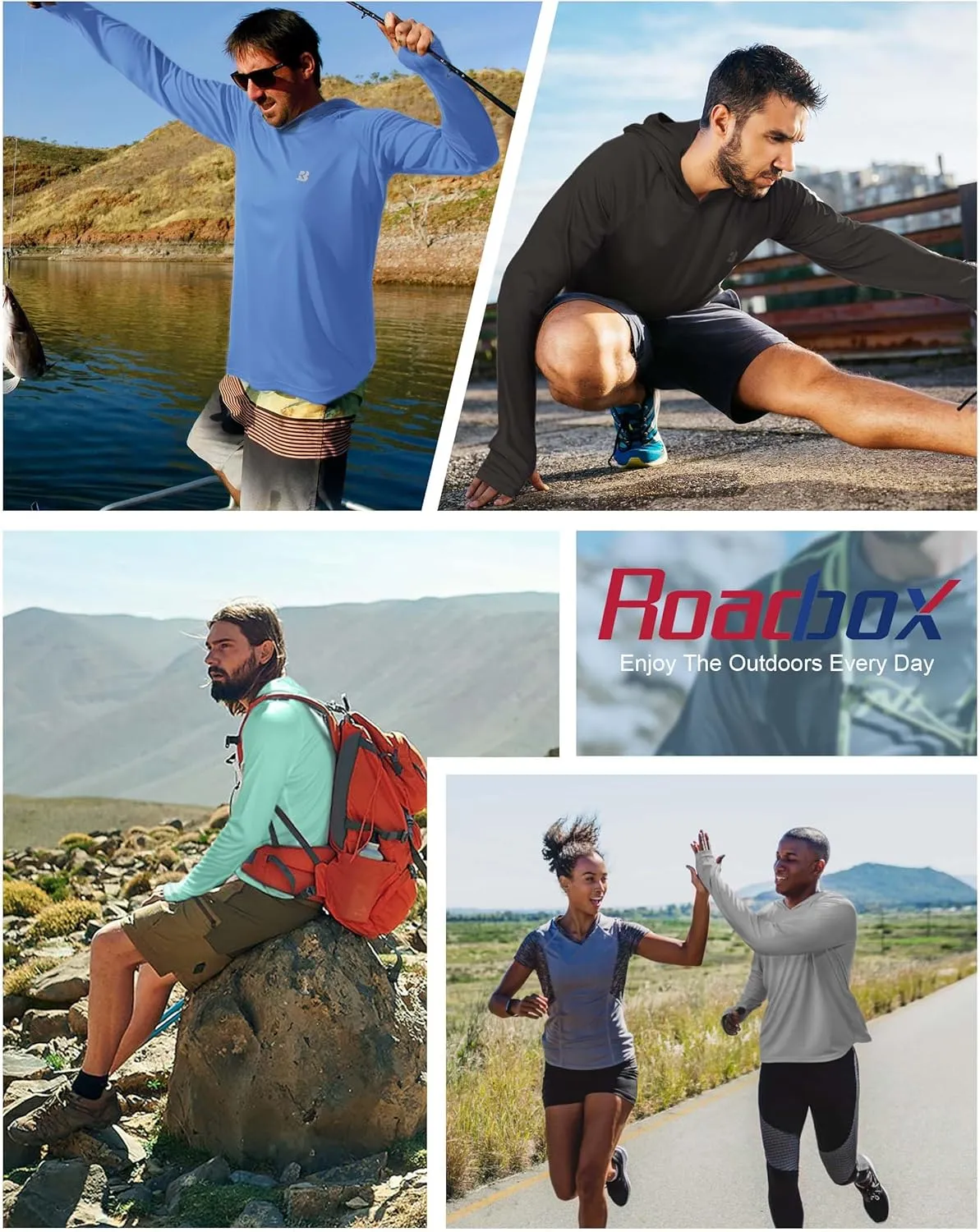 Roadbox UPF 50  Fishing Shirts for Men, Long Sleeve UV Protection Sun Hoodie, Swim Rash Guard for Hiking Running Workout
