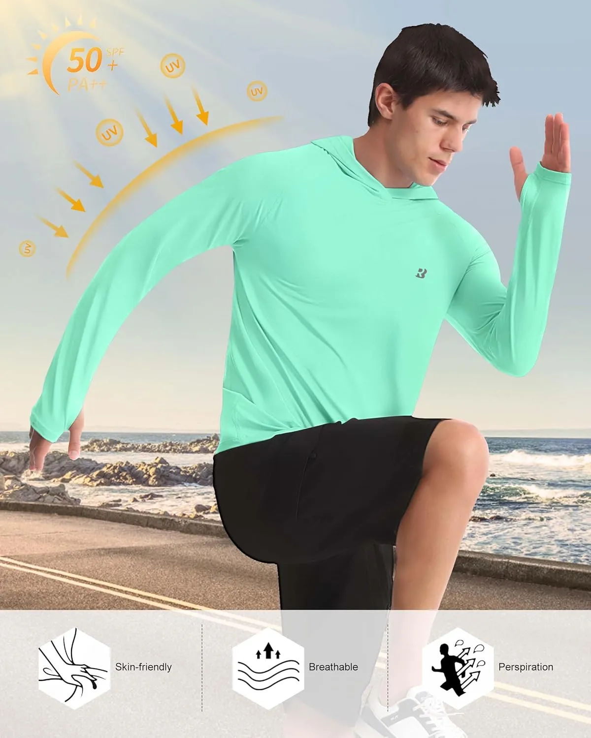 Roadbox UPF 50  Fishing Shirts for Men, Long Sleeve UV Protection Sun Hoodie, Swim Rash Guard for Hiking Running Workout