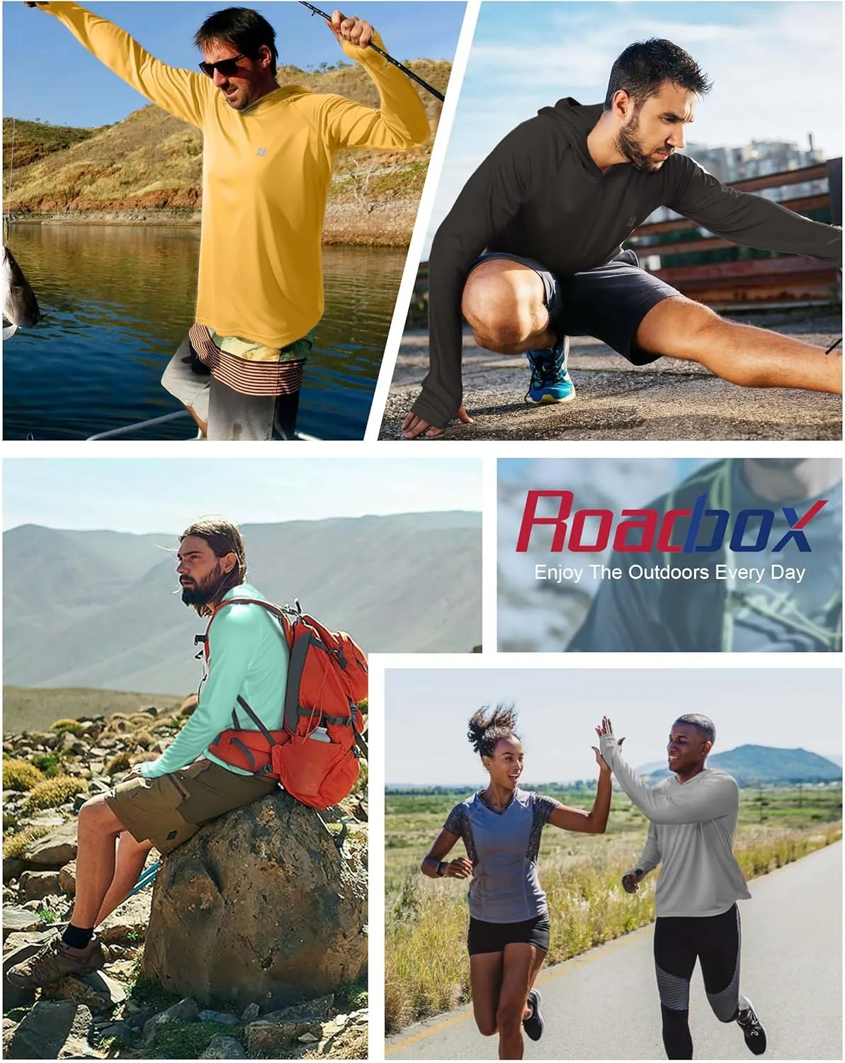 Roadbox UPF 50  Fishing Shirts for Men, Long Sleeve UV Protection Sun Hoodie, Swim Rash Guard for Hiking Running Workout