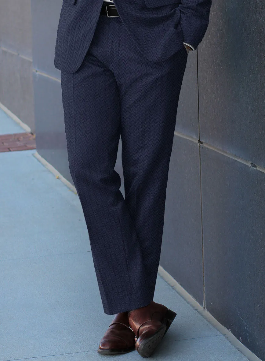 Scabal Tornado Herringbone Navy Blue Wool Suit