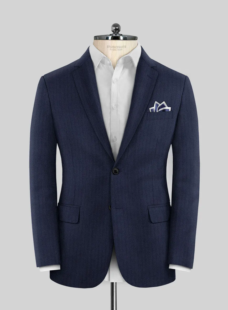 Scabal Tornado Herringbone Navy Blue Wool Suit