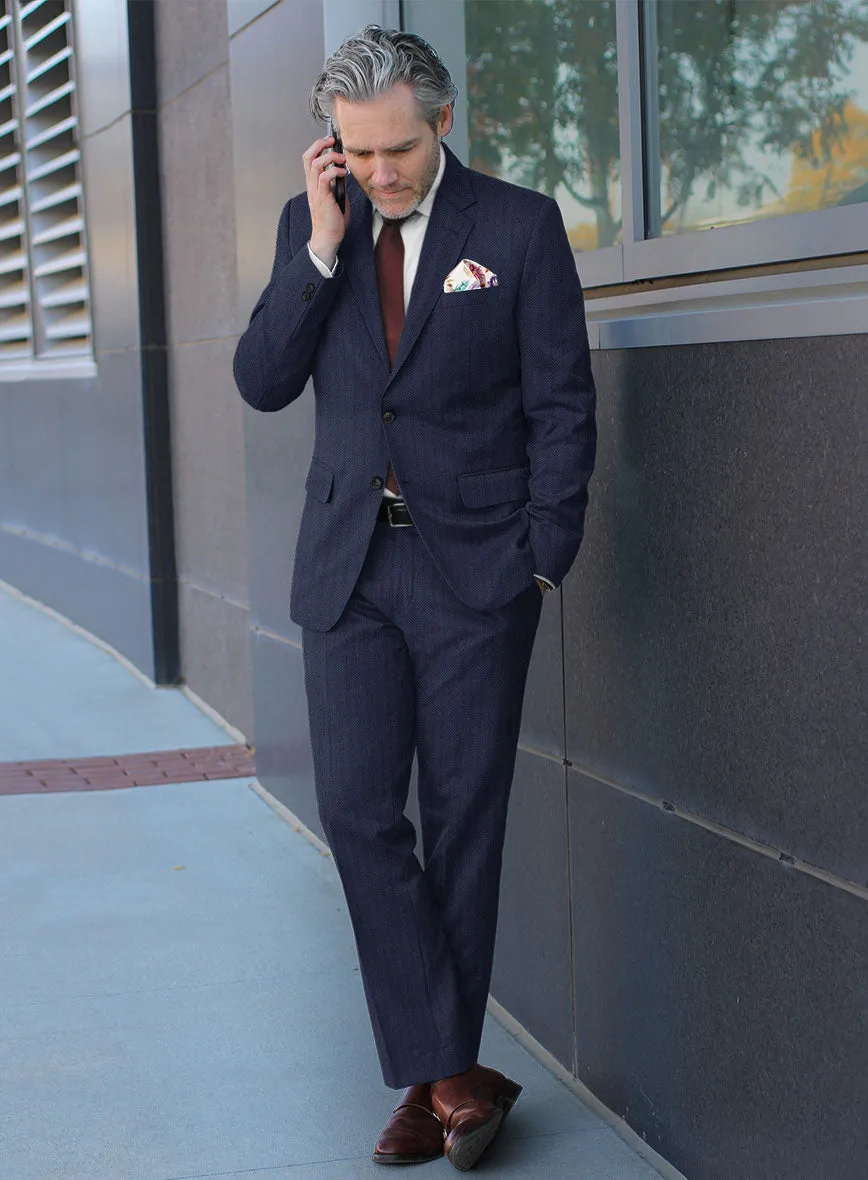 Scabal Tornado Herringbone Navy Blue Wool Suit