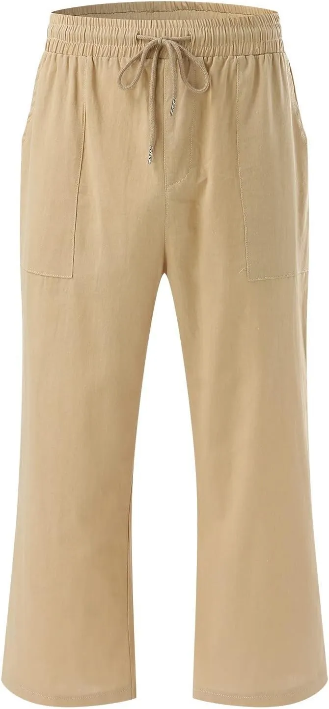 sdbrld Linen Pants Women Capris Casual Linen High Waist Trousers Drawstring Loose Fit Summer Pants Comfy Trousers with Pocket