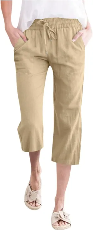 sdbrld Linen Pants Women Capris Casual Linen High Waist Trousers Drawstring Loose Fit Summer Pants Comfy Trousers with Pocket