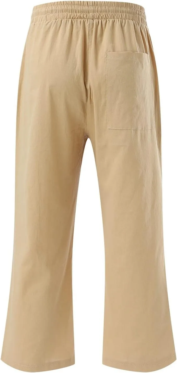 sdbrld Linen Pants Women Capris Casual Linen High Waist Trousers Drawstring Loose Fit Summer Pants Comfy Trousers with Pocket