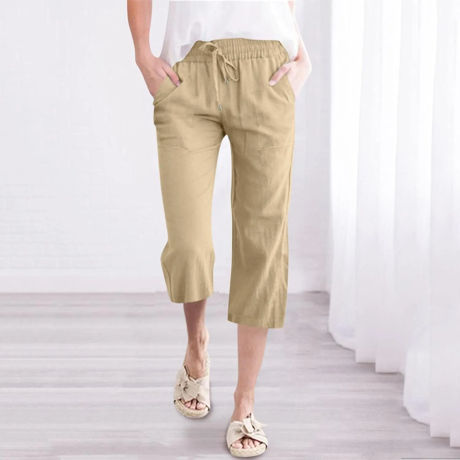 sdbrld Linen Pants Women Capris Casual Linen High Waist Trousers Drawstring Loose Fit Summer Pants Comfy Trousers with Pocket