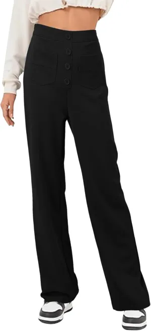 sdbrld Linen Pants Women High Waisted Lightweight Cotton Pants Button Straight Leg Trousers Summer Lounge Pants with Pockets