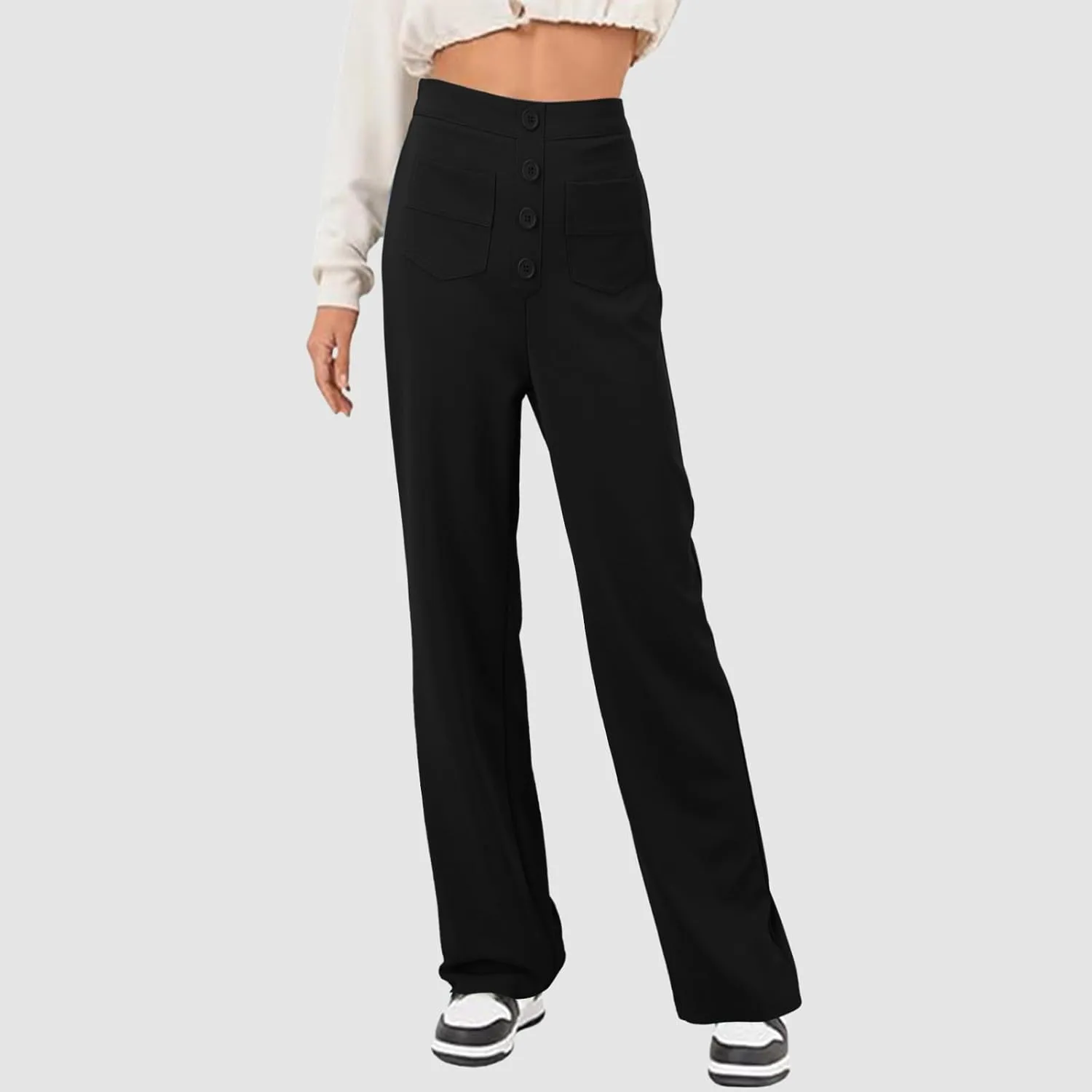 sdbrld Linen Pants Women High Waisted Lightweight Cotton Pants Button Straight Leg Trousers Summer Lounge Pants with Pockets