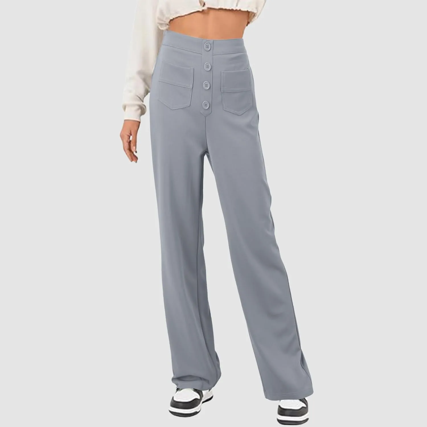 sdbrld Linen Pants Women High Waisted Lightweight Cotton Pants Button Straight Leg Trousers Summer Lounge Pants with Pockets
