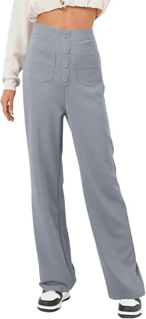 sdbrld Linen Pants Women High Waisted Lightweight Cotton Pants Button Straight Leg Trousers Summer Lounge Pants with Pockets
